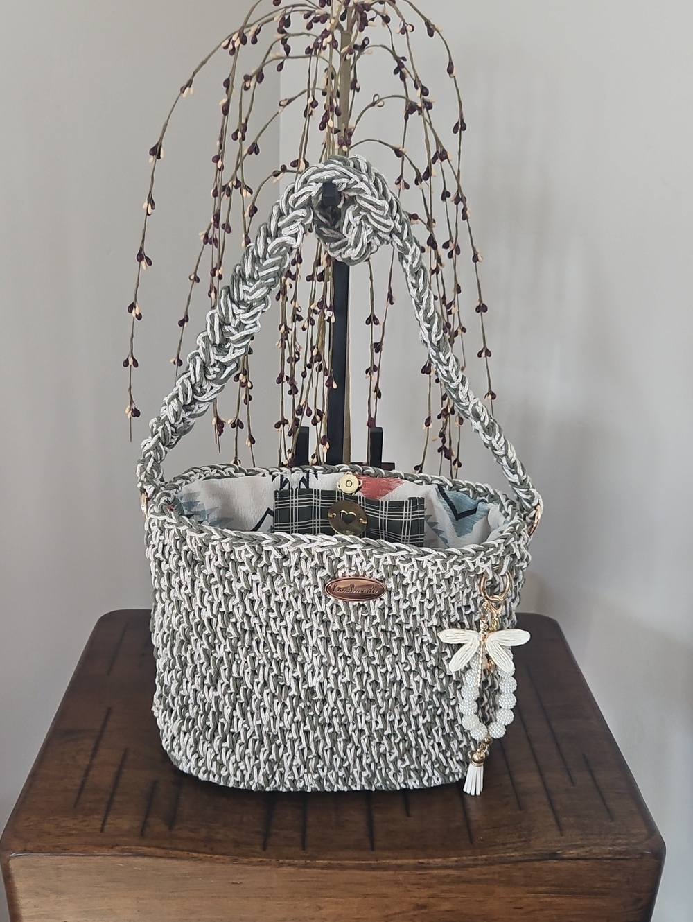 Hand Crocheted By Me White and Green Shoulder Bag with Tassel Charm